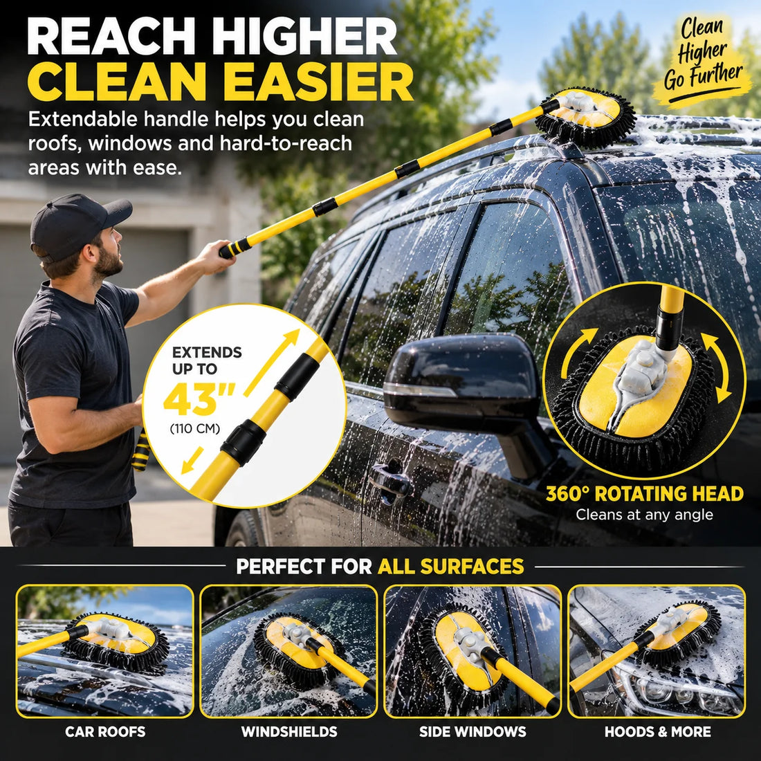 Extendable Car Wash Mop – 360° Rotating, Scratch-Free Chenille Head