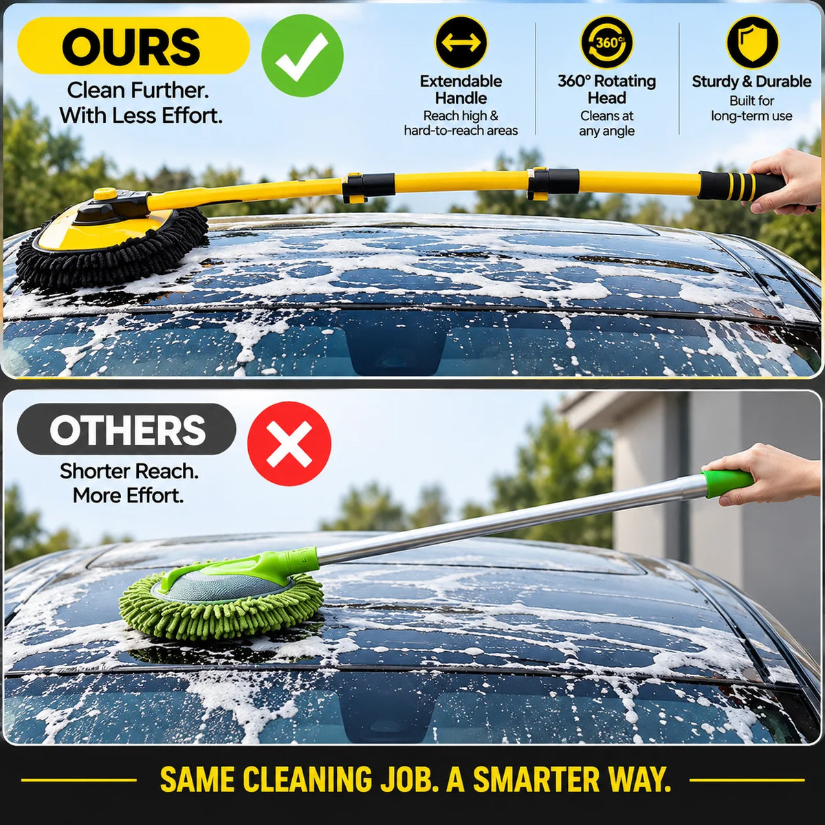 Extendable Car Wash Mop – 360° Rotating, Scratch-Free Chenille Head